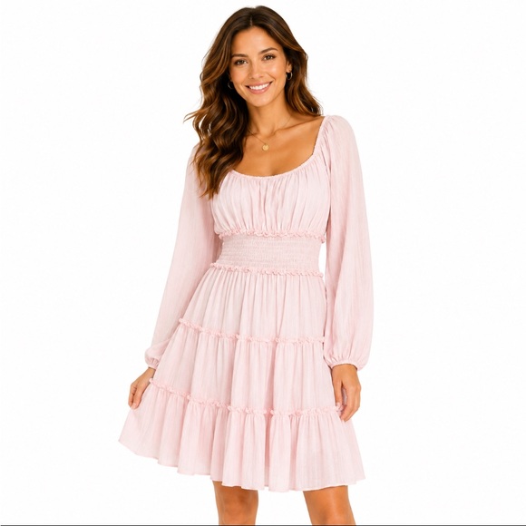 Trixxi Dresses & Skirts - 💥NWOT💥TRIXXI Light Pink Long Sleeve Smocked Waist Tiered Dress Size XL